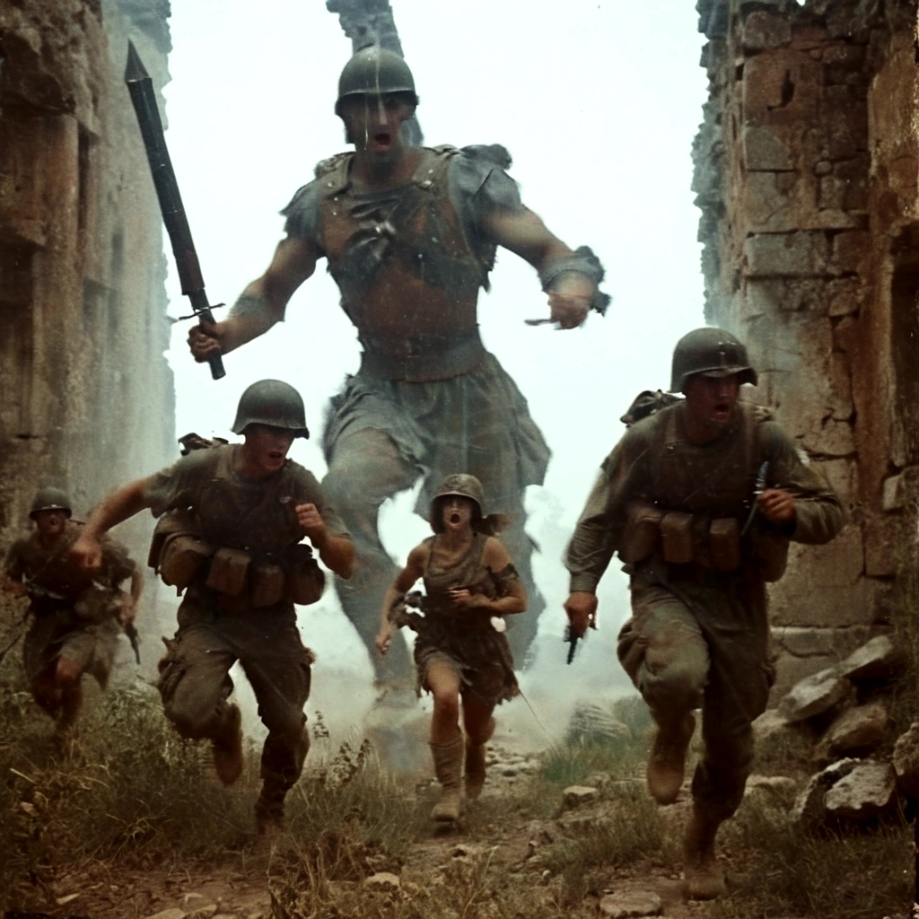 grainy old 35mm, vintage footage, frightened USA-army soldiers wearing camo running from two giant-spartan soldiers among ancient ruins, action-scene