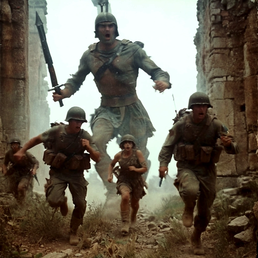 grainy old 35mm, vintage footage, frightened USA-army soldiers wearing camo running from two giant-spartan soldiers among ancient ruins, action-scene