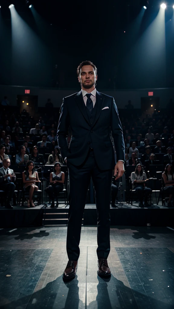 Person in a suit on a stage with many people