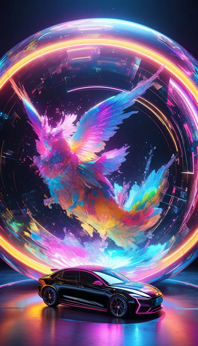 holography, draw in neon colors ((car)): car: ((floating)), transparent, Three dimensions, light, sf, digital art, Digital, scientific, dark background: electronic circuit: draw in neon colors, 3d, masterpiece, Digital space, energy, beautiful, masterpiece, 8K, light, be familiar with, lively, colorful, nice, beautiful, rich colors, beautiful Light Lines. magic effect, Sparkling, beautiful Light Grains
