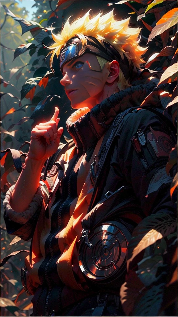 (best quality), (masterpiece), ultra-detailed, 1boy, uzumaki naruto, epic pose, action, particle effects, long sleeve, emphasis lines, movement lines, full body of naruto uzumaki, masterpiece, best quality, full detailed, 1boy, handsome, male, looking at viewer, naruto, Detailed blue eye,yellow hair, konoha realistic detail leaf headband, eye realistic, realistic eye brow, nose realistic, mouth realistic,skin realistic, face realistic, head realistic, body realistic, background art cinematic, backpack, big eye sharp, photorealistic, photoshoot, only three line in face, naruto uzumaki dress code. electricity , aura, conbat in the forest vs samurai 1.4 , combat in the forest bamboo