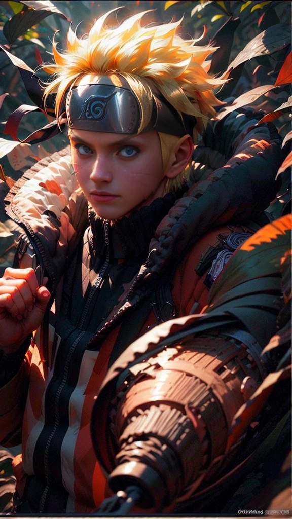 (best quality), (masterpiece), ultra-detailed, 1boy, uzumaki naruto, epic pose, action, particle effects, long sleeve, emphasis lines, movement lines, full body of naruto uzumaki, masterpiece, best quality, full detailed, 1boy, handsome, male, looking at viewer, naruto, Detailed blue eye,yellow hair, konoha realistic detail leaf headband, eye realistic, realistic eye brow, nose realistic, mouth realistic,skin realistic, face realistic, head realistic, body realistic, background art cinematic, backpack, big eye sharp, photorealistic, photoshoot, only three line in face, naruto uzumaki dress code. electricity , aura, conbat in the forest vs samurai 1.4 , combat in the forest bamboo