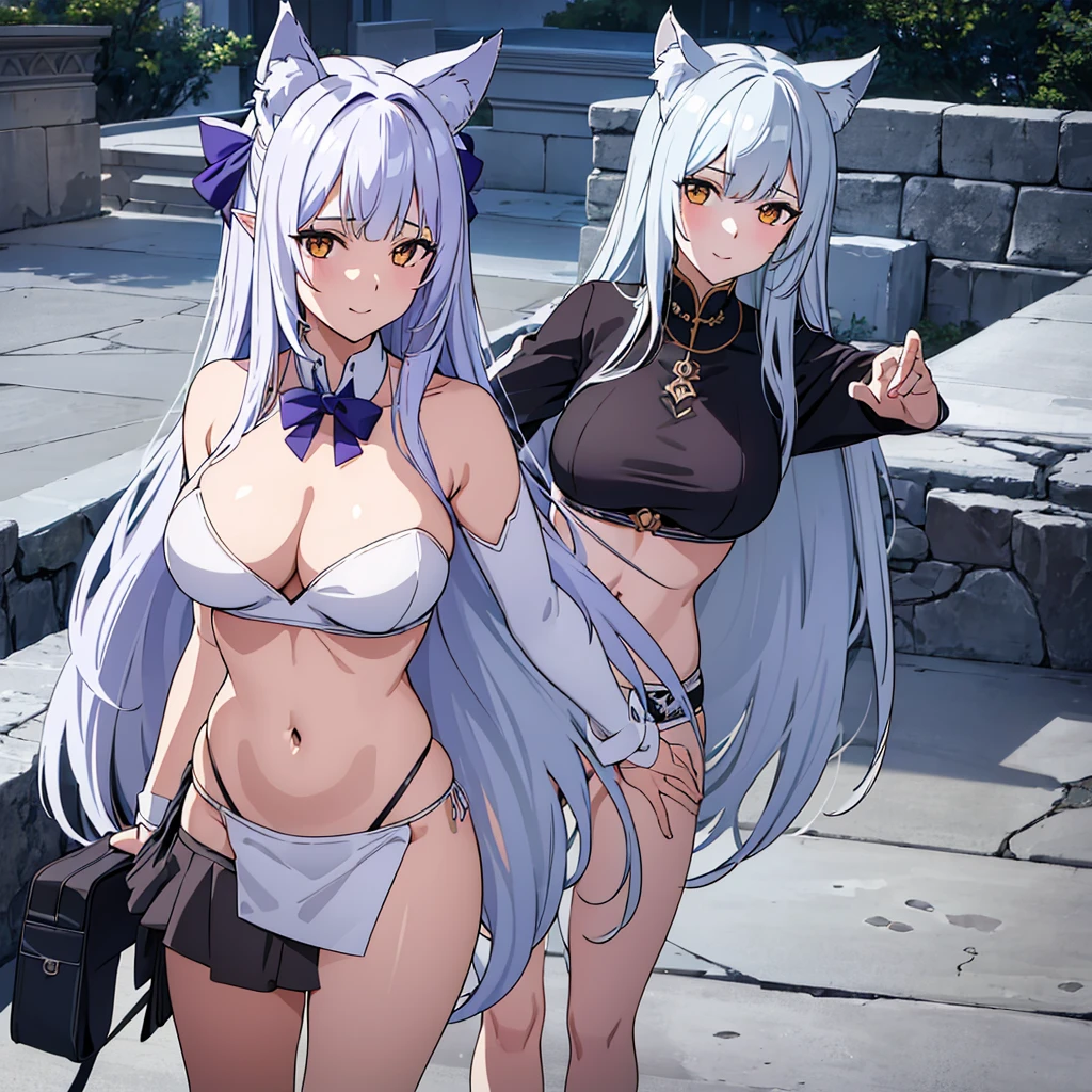 ((masterpiece)), (best quality), (ultra-detailed), photorealistic, (best illustration), ((an extremely delicate and beautiful)), 1woman, solo, long hair, tiger ears, [:tiger tail under:0.2], white hair, two-tone hair, feet out of frame, pussy, (completely naked:1), big breasts, cross-laced, standing, closed eyes, nude, no clothes, detailed scenery, cyberspace background, low twin braids, twin braids, hair ornament, bracelet, (energy sphere in hands:0.9), looking back at viewer, malicious smile, from behind view Big ass, anus, vagina, wet pussy.