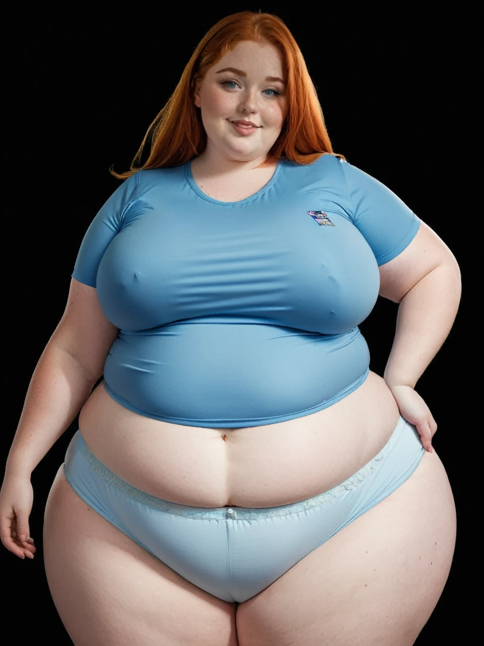 A Very obese and beautiful redhead girl with blue eyes and freckles, huge obese belly, very wide obese hips, large obese butt, thicc legs, thicc arms in a bikini