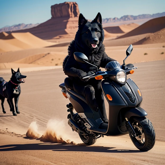 Black Sheepdog riding Scooter on Desert