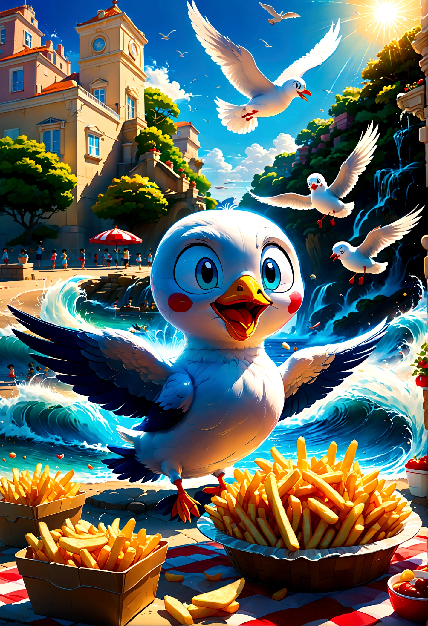 cheered up style, Doraemon and Nobita Nobi, eat french fries, have lunch, have a picnic by the sea, (a seagull unexpectedly appears:1.2), cheered up screenshot, fountain_cheered up, dramatic composition, cinematic dynamic action scene, vibrant colors, cinematic lighting, dramatic lighting, Best Quality, Masterpiece, very aesthetic, perfect composition, intricate details, ultra detailed