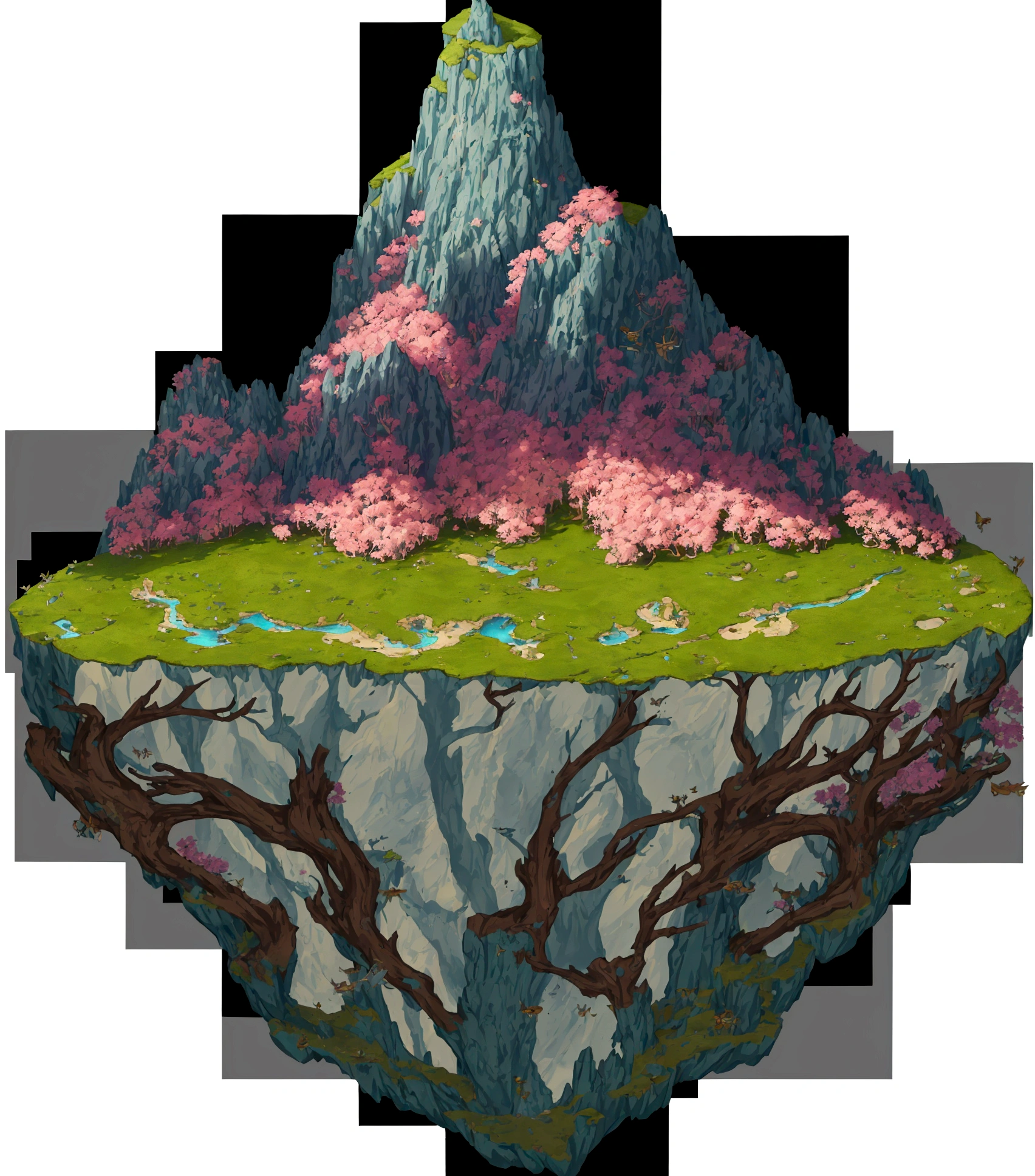 a cartoon image of a small island with a mountain in the background, isometric island in the sky, graphic of enchanted terrarium, floating and flying island, floating mountains, detailed game art, game asset, mythical floral hills, flying island, symmetrical fantasy landscape, fantasy desert crystal island, made of tree and fantasy valley, painted as a game concept art, concept piece