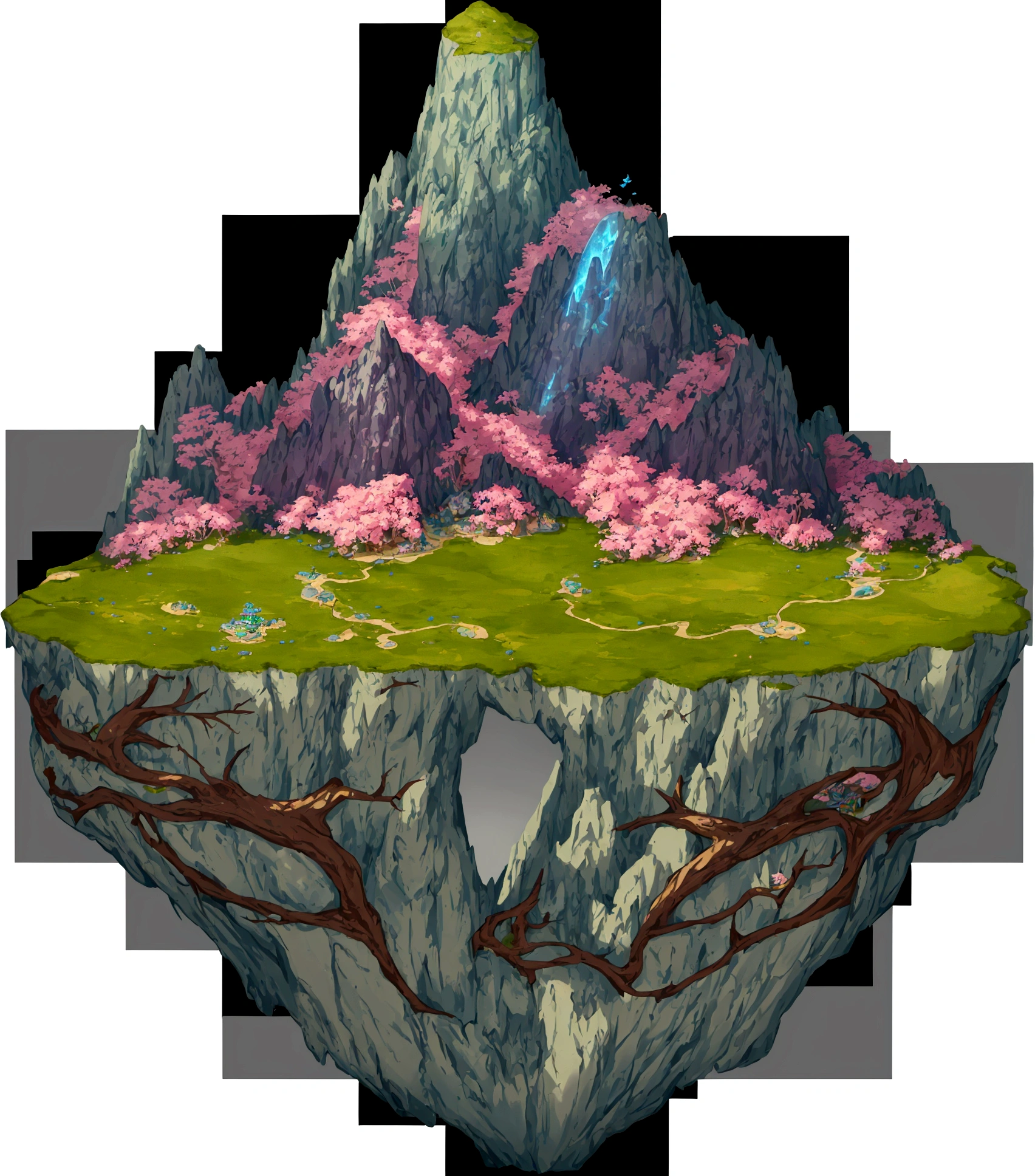 a cartoon image of a small island with a mountain in the background, isometric island in the sky, graphic of enchanted terrarium, floating and flying island, floating mountains, detailed game art, game asset, mythical floral hills, flying island, symmetrical fantasy landscape, fantasy desert crystal island, made of tree and fantasy valley, painted as a game concept art, concept piece