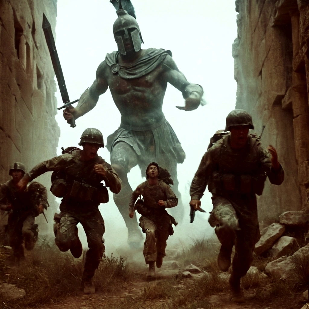 grainy old 35mm, vintage footage, frightened USA-army soldiers wearing camo running from two giant-spartan soldiers among ancient ruins, action-scene