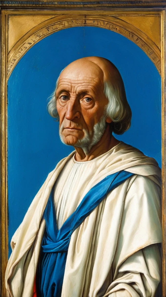Portrait of a poorly dressed old man in white with blue background in the style of Giovanni Bellini. In the appearance of the dux Leonardo Loredan, oil and tempera on panel.