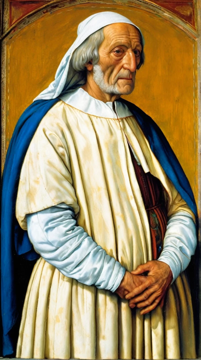 Portrait of a poorly dressed old man in white with blue background in the style of Giovanni Bellini. In the appearance of the dux Leonardo Loredan, oil and tempera on panel.