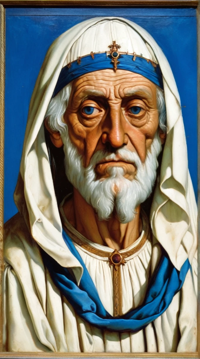 Portrait of a poorly dressed old man in white with blue background in the style of Giovanni Bellini. In the appearance of the dux Leonardo Loredan, oil and tempera on panel.