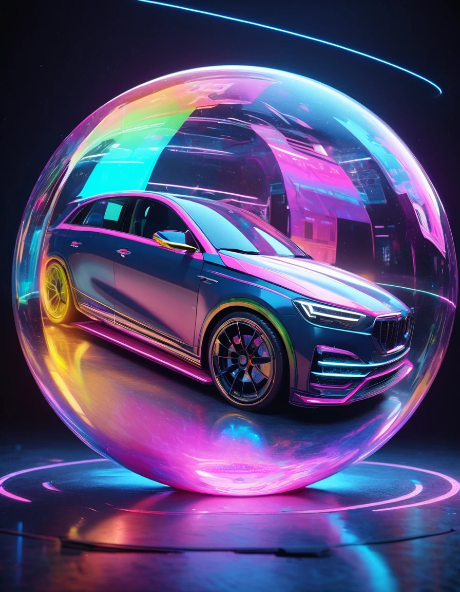 holography, draw in neon colors ((car)): car: ((floating)), transparent, Three dimensions, light, sf, digital art, Digital, scientific, dark background: electronic circuit: draw in neon colors, 3d, masterpiece, Digital space, energy, beautiful, masterpiece, 8K, light, be familiar with, lively, colorful, nice, beautiful, rich colors, beautiful Light Lines. magic effect, Sparkling, beautiful Light Grains