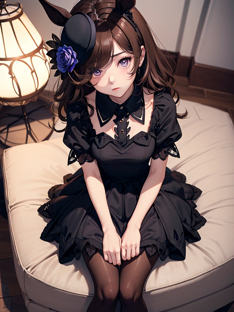 r1cesh0wer, 1 girl, Solo, sitting on the chair, horse tail, horse girl, purple eyes, hair over one eye, hat flower, (((collared dress, light brown dress:1.5, frilled dress, puffy sleeves, black pantyhose, black footwear))),