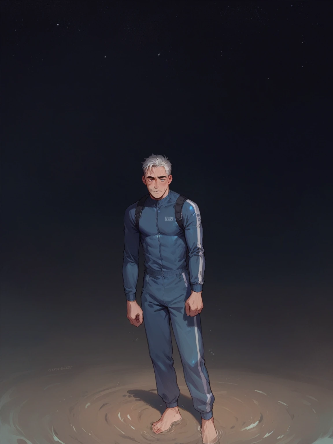 Please make the image sharper. In the background is a lake. Please make the wetsuit look better too.