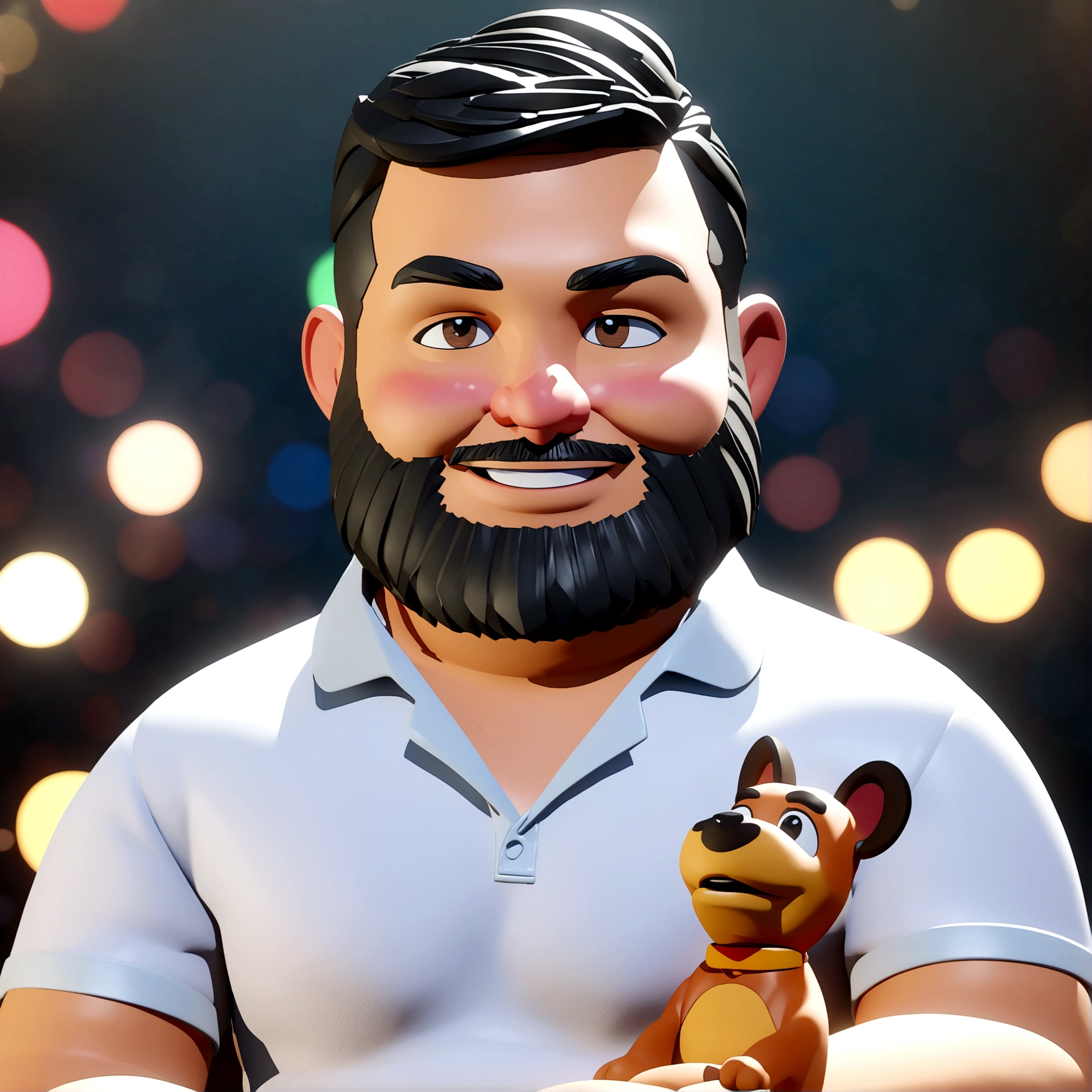 Cartoon character of a man in blue polo shirt, chubby guy with black hair that is lightly shaved on the sides, with bangs thrown to the side but not too long, eyes browns, short and clean beard, with a caramel dog on your lap, straight smile with thin lips, animation character, stylized character, animation style rendering, 3d stylized, Stylized 3D rendering, toon render screenshot, 3d character, 3d character, Stylized 3D rendering, 3D character rendering, cartoon character, Funnily character, character posing, (Pixar-style) (master part:1.2) (bokeh) (best qualityer) (skin detailed) (detailed texture) (8K) (Argilla) (cinematic lighting) (sharp focus) (personagem disney) (cartoon effect) (pixar character eyes effect)