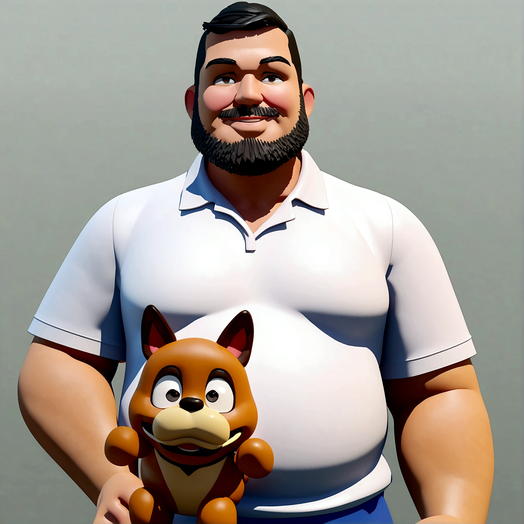 Cartoon character of a man in blue polo shirt, chubby guy with black hair that is lightly shaved on the sides, with bangs thrown to the side but not too long, eyes browns, short and clean beard, with a caramel dog on your lap, straight smile with thin lips, animation character, stylized character, animation style rendering, 3d stylized, Stylized 3D rendering, toon render screenshot, 3d character, 3d character, Stylized 3D rendering, 3D character rendering, cartoon character, Funnily character, character posing, (Pixar-style) (master part:1.2) (bokeh) (best qualityer) (skin detailed) (detailed texture) (8K) (Argilla) (cinematic lighting) (sharp focus) (personagem disney) (cartoon effect) (pixar character eyes effect)
