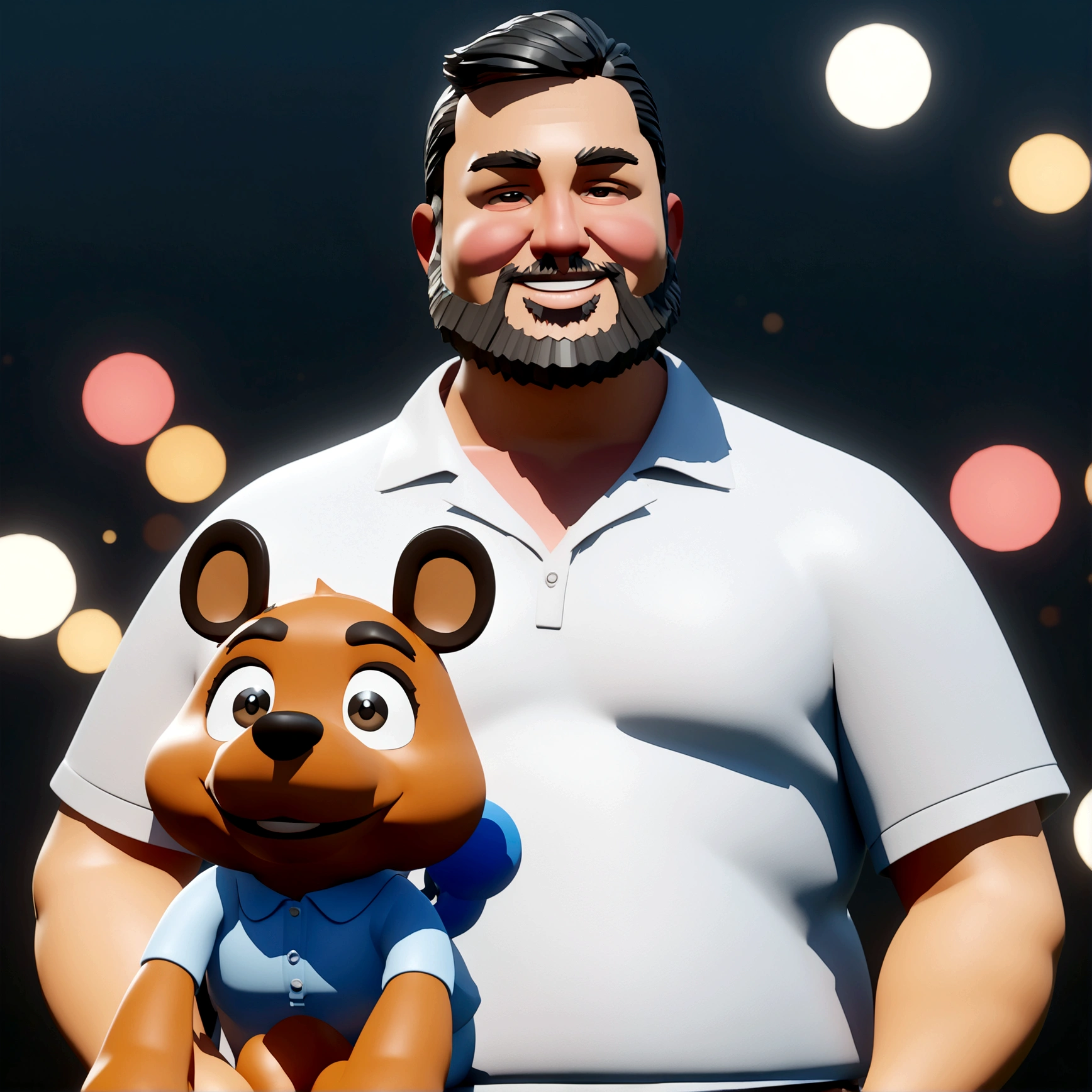 Cartoon character of a man in blue polo shirt, chubby guy with black hair that is lightly shaved on the sides, with bangs thrown to the side but not too long, eyes browns, short and clean beard, with a caramel dog on your lap, straight smile with thin lips, animation character, stylized character, animation style rendering, 3d stylized, Stylized 3D rendering, toon render screenshot, 3d character, 3d character, Stylized 3D rendering, 3D character rendering, cartoon character, Funnily character, character posing, (Pixar-style) (master part:1.2) (bokeh) (best qualityer) (skin detailed) (detailed texture) (8K) (Argilla) (cinematic lighting) (sharp focus) (personagem disney) (cartoon effect) (pixar character eyes effect)