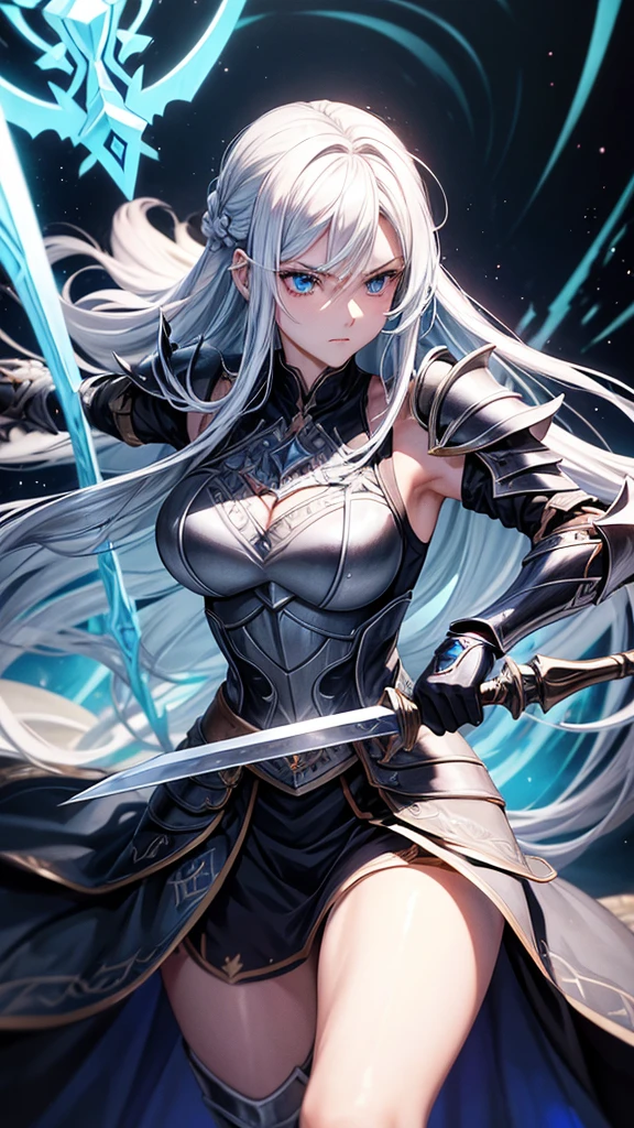 Hilda has long silver hair and piercing blue eyes.. She has an imposing and athletic presence, often seen in their light battle armor, that combines functionality with elegance. She carries a large spear, your weapon of choice, which symbolizes his prowess in combat.