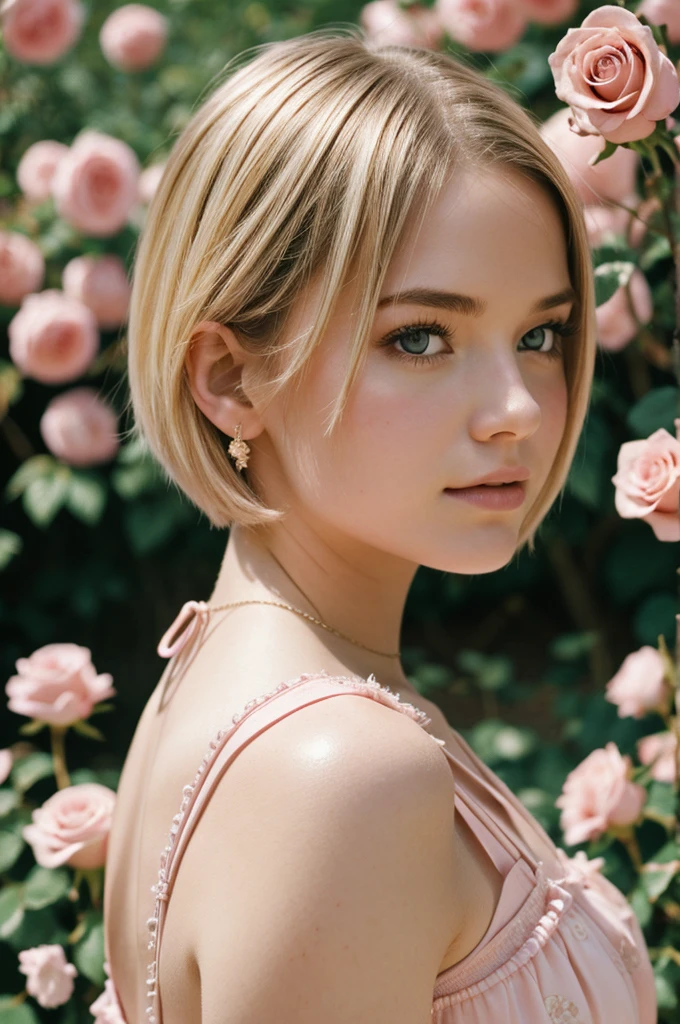 8k, photo and gross, fujifilm, Style photography of a beautiful young girl like Avril in a light pink rose garden. (very detailed skin: 1.2) Style-Petal BREAK short hair, blonde hair with colored highlights, wearing a dress, film grain, 35mm, beautiful style