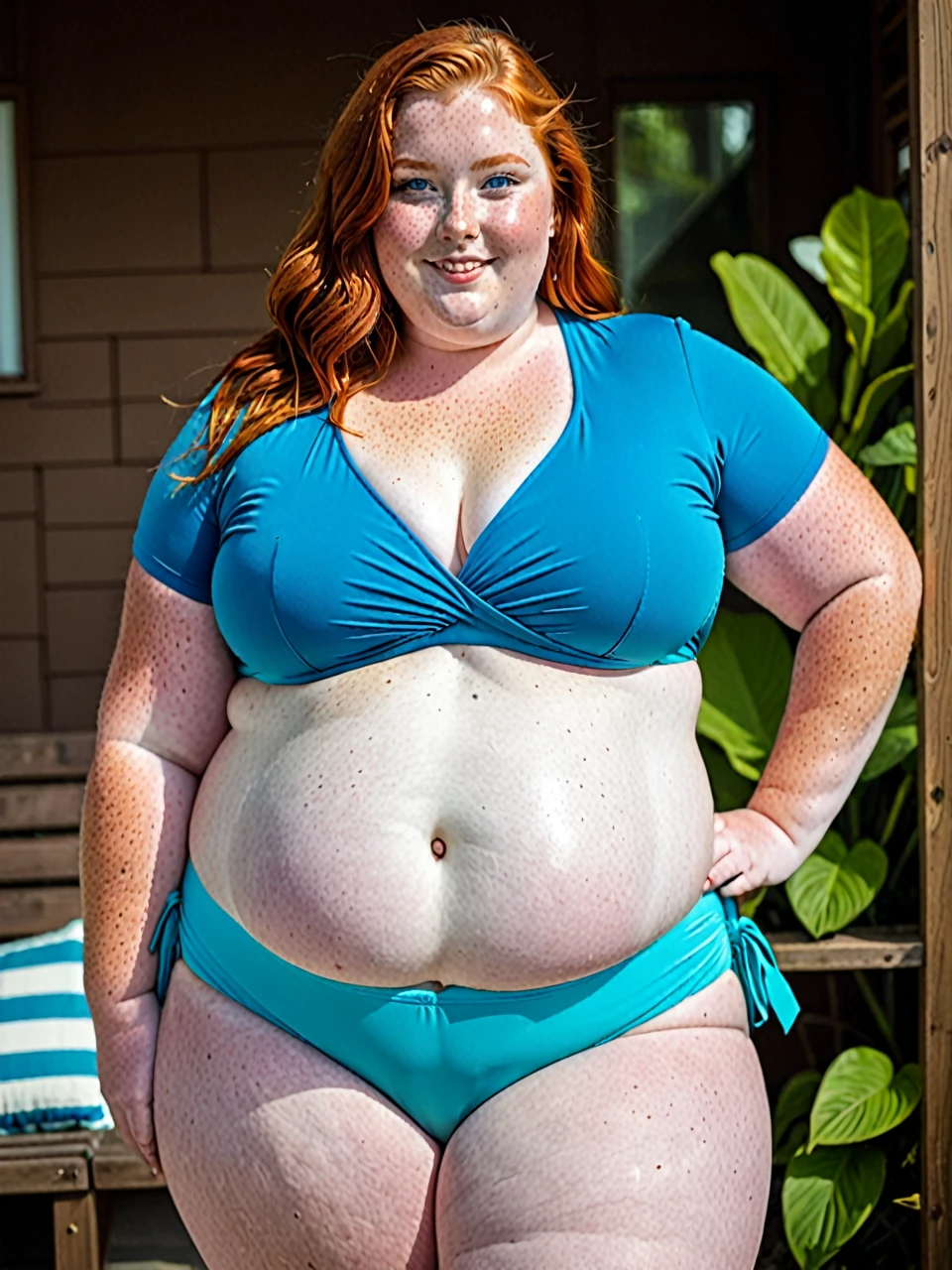 A Very obese and beautiful redhead girl with blue eyes and freckles, huge obese belly, very wide obese hips, large obese butt, thicc legs, thicc arms in a bikini 