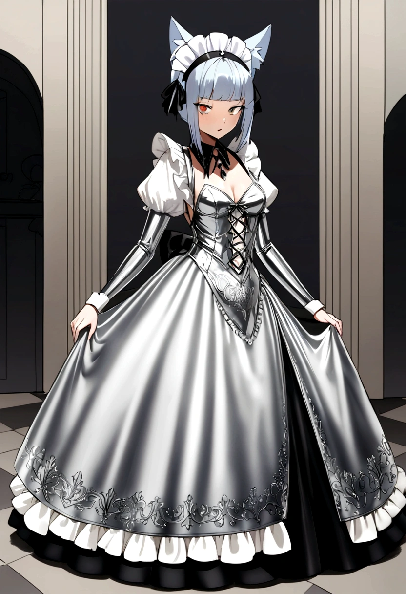 there are two women in costumes standing next to each other, fancy silver dress, maid dress, latex dress, latex outfits, historical baroque dress, french maid, high quality costume, cosplay of a catboy! maid! dress, satin silver, alluring and terrifying, baroque dress, wearing silver dress, elegant glamourous cosplay, wearing a gothic dress