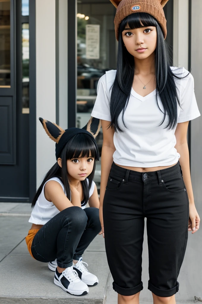 アニメ, pokemon Style, girl long black hair with bangs, brown eyes, tanned skin, black top, short jeans pants, blue and white vest, rote beanie, black and white sneakers. Eevee and Growlithe