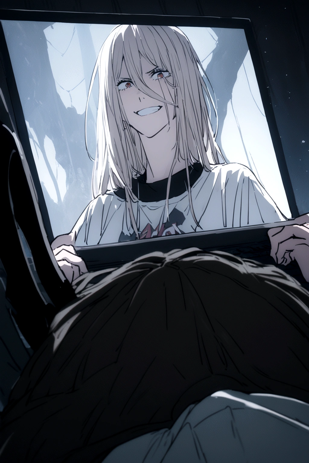 A Power,playing on a PC,Grinning.,wearing a shirt written, Harl.