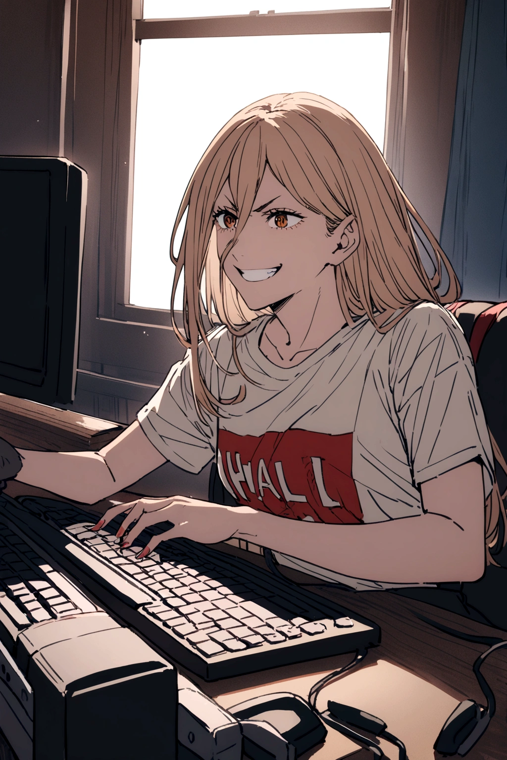 A Power,playing on a PC,Grinning.,wearing a shirt written, Harl.