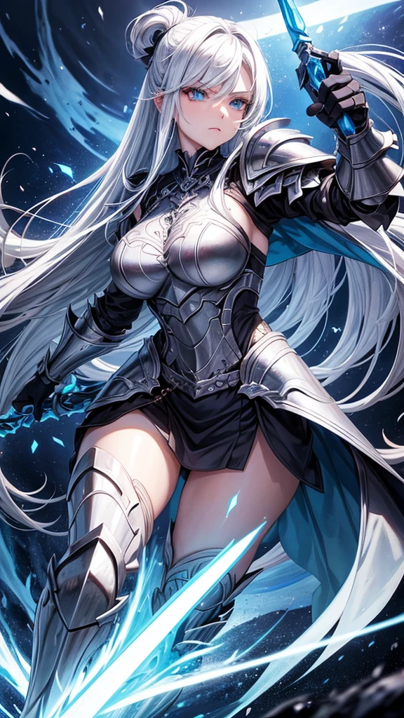 Hilda has long silver hair and piercing blue eyes.. She has an imposing and athletic presence, often seen in their light battle armor, that combines functionality with elegance. She carries a large spear, your weapon of choice, which symbolizes his prowess in combat.