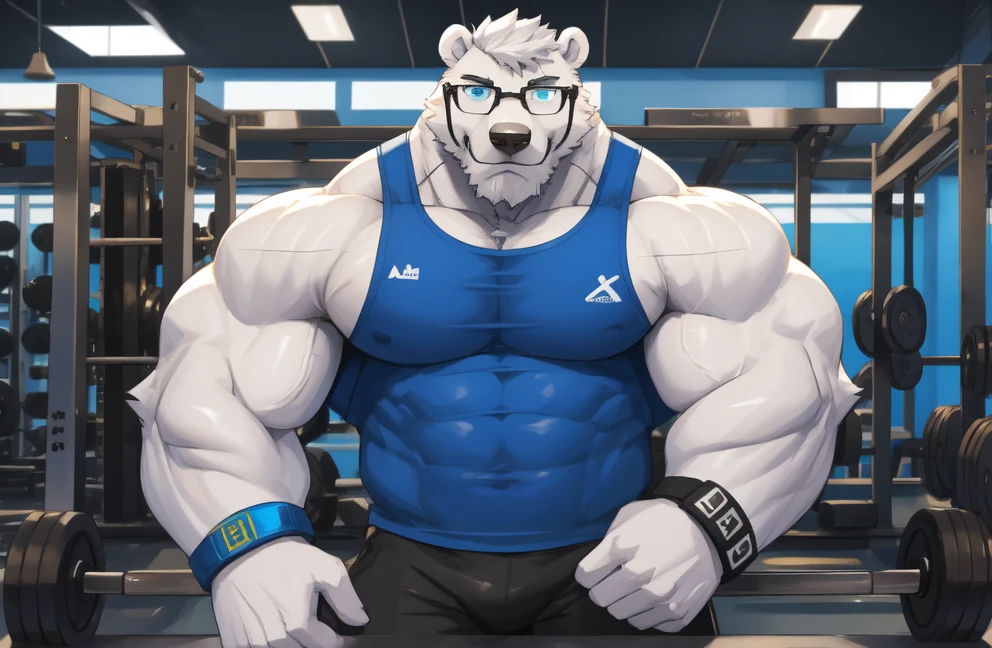 solo, 1boy, Huge Muscular White Polar Bear wearing glasses, huge white fur, pectoral, huge pectoral, wide pectoral, short white hair, blue colored short pants, blue colored wristbands and blue colored tank top, white bearded, white Mustache, white fur, gym background, masterpiece, high detailed, 8k, high resolution, at the gym, 200 pushups