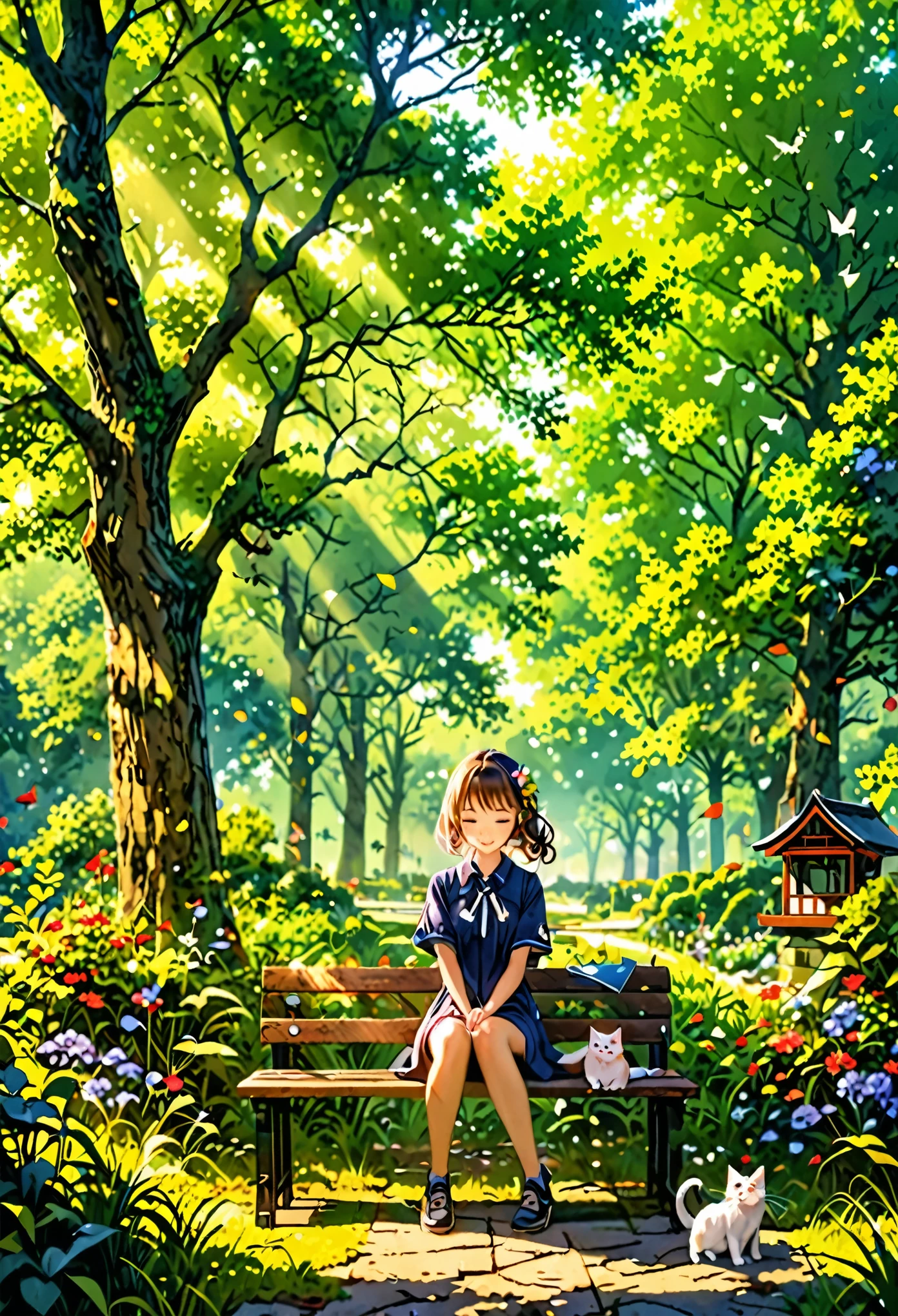 (Panorama, center, masterpiece, Highest quality: 1.2), (8K, Raw photo, Highest quality), ((masterpiece:1.2)), Realistic, Ultra-high resolution, High Contrast, Photon Mapping, Bright colors, Real, Ultra-detailed, Very detailed, Raw photo, Genuine, Official Art, RAW Photos, Professional Lighting, Light, Professional Writing, twiceLight, Vivid atmosphere, High-definition CG, Unity8k), early summer。Daytime。Alhambra。Eguchi Hisashi style、A girl and a white kitten can be seen in the distance。A girl and a kitten are sitting on an old bench looking towards you。green々A corner of the park、In the silence, the sunlight filtering through the trees is reflected on the ground.。One girl、Close your eyes、Take a deep breath、Its presence is felt as if it blends into the surrounding nature.。Next to the bench、There is a handwritten notebook and pen、The page contains new ideas and goals.。Behind it is a small old shrine.、A landscape where nature and manmade objects coexist in harmony。Nearby trees々The leaves are swaying in the breeze。Beautiful green gradation。An atmosphere that exudes the excitement of adventure。An atmosphere that makes you feel happy and joyful。 High Fantasy Worldview。 A magnificent composition。Beautifully depicted with the golden rule。 Guardian nebula of rainbow light and silvery vapor。Corrosive Encirclement Ray Family Color。 Slimy air。