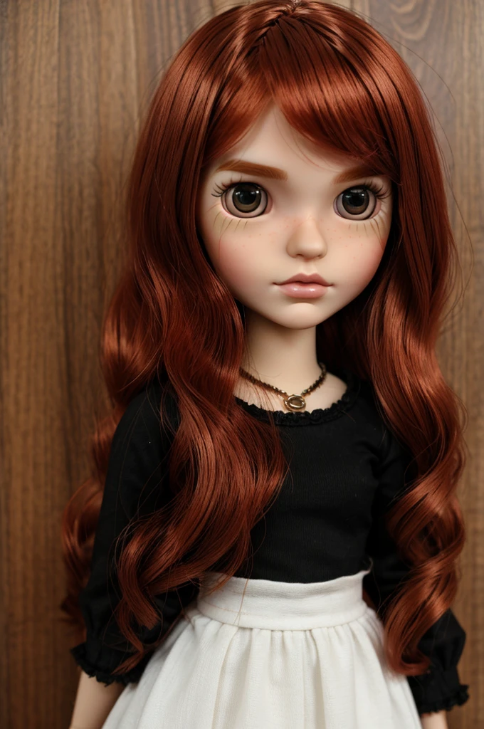 make a blythe doll with red to copper hair without bangs and straight grunge black eyebrows 