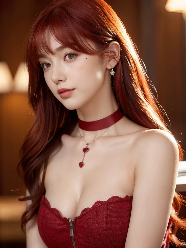 1girl, alone, solitary, high quality, (best quality,4k,8k,highres,masterpiece:1.2),ultra-detailed,(realistic,photorealistic,photo-realistic:1.37),gorgeous hair,red hair,red long straight hair with bangs,sharp eyes,mole on the cheek,plump lips,jewelry,(high detailed skin:1.4),(rim lighting:1.3),(lit:1.3),(sunny day:1.3),portrait,beautiful lips,waist-length hair,seductive gaze,moles,casual clothes,colorful clothing,close up,really long hair,choker necklace,tattoos,tattooed,light eyes,bangs,fringe,20 year old,dimples on the cheeks,dimples,bright red hair,sharp eyebrows,redhead,ruby red,cherry red hair,wine red hair