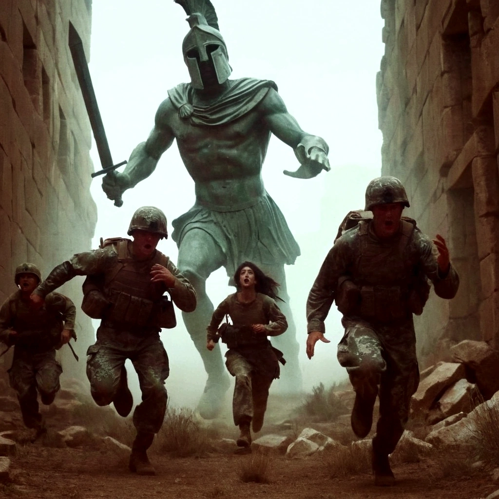 grainy old 35mm, vintage footage, frightened USA-army soldiers wearing camo running from two giant-spartan soldiers among ancient ruins, action-scene