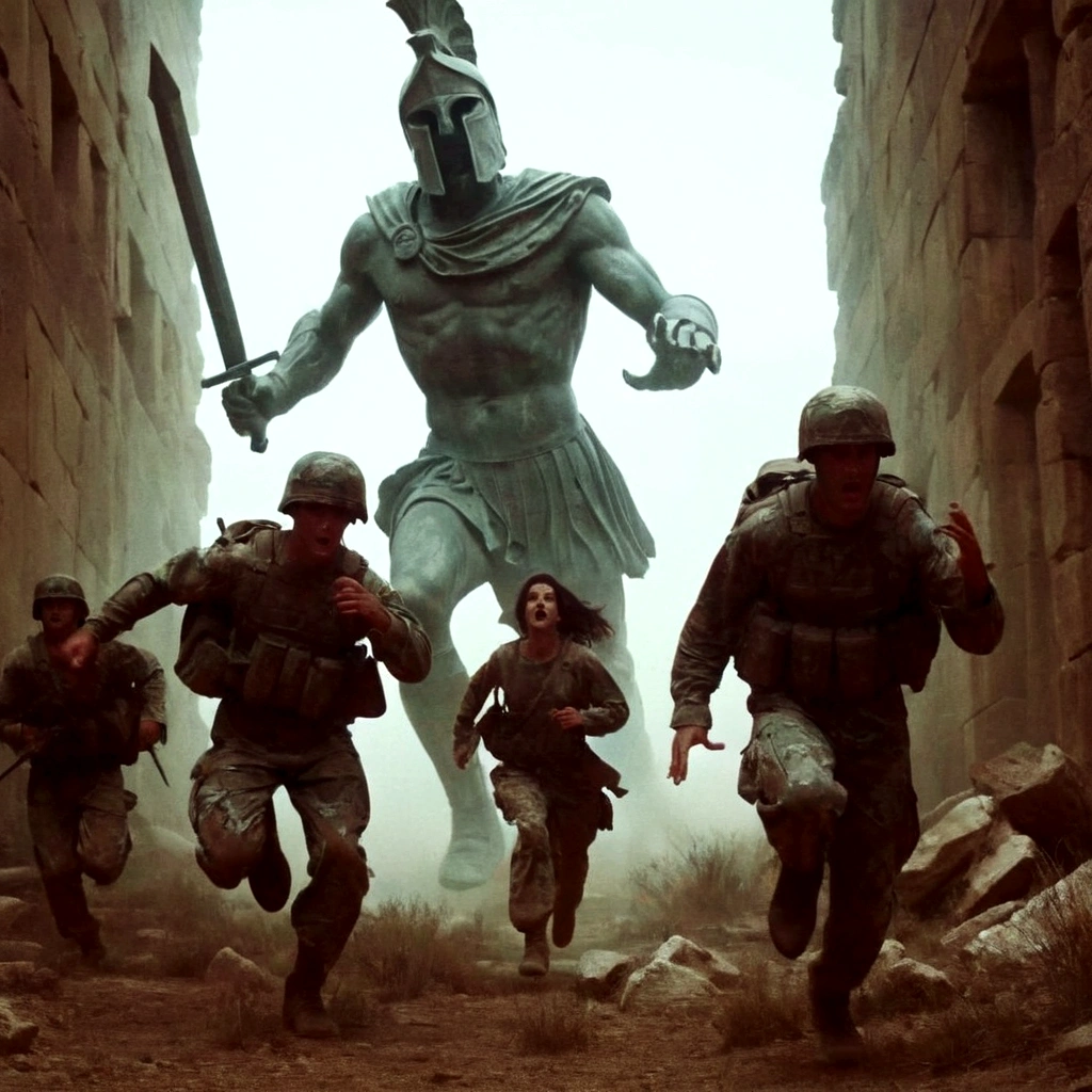 grainy old 35mm, vintage footage, frightened USA-army soldiers wearing camo running from two giant-spartan soldiers among ancient ruins, action-scene