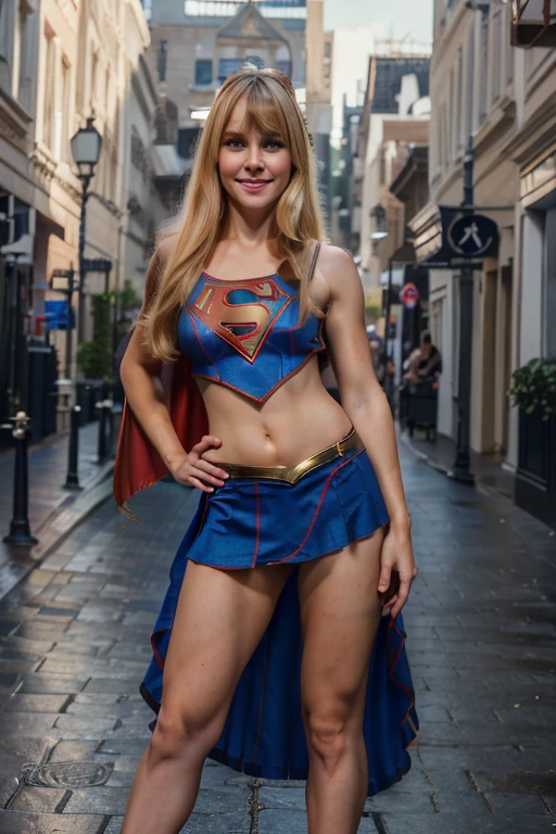 1 girl ((dressed as supergirl)),beautiful pretty Realistic supermodel,(blue eyes),(She is smiling),perfect face,split lips,(Best quality, 8k, Masterpiece: 1.3), perfect hands, clear focus : 1.2, perfect body beauty: 1.4, slim abdomen: 1.2, highly detailed face and skin texture, detailed eyes, (long blonde hair with bangs: 1.3) standing, full body, dynamic pose, (in a well-lit city)