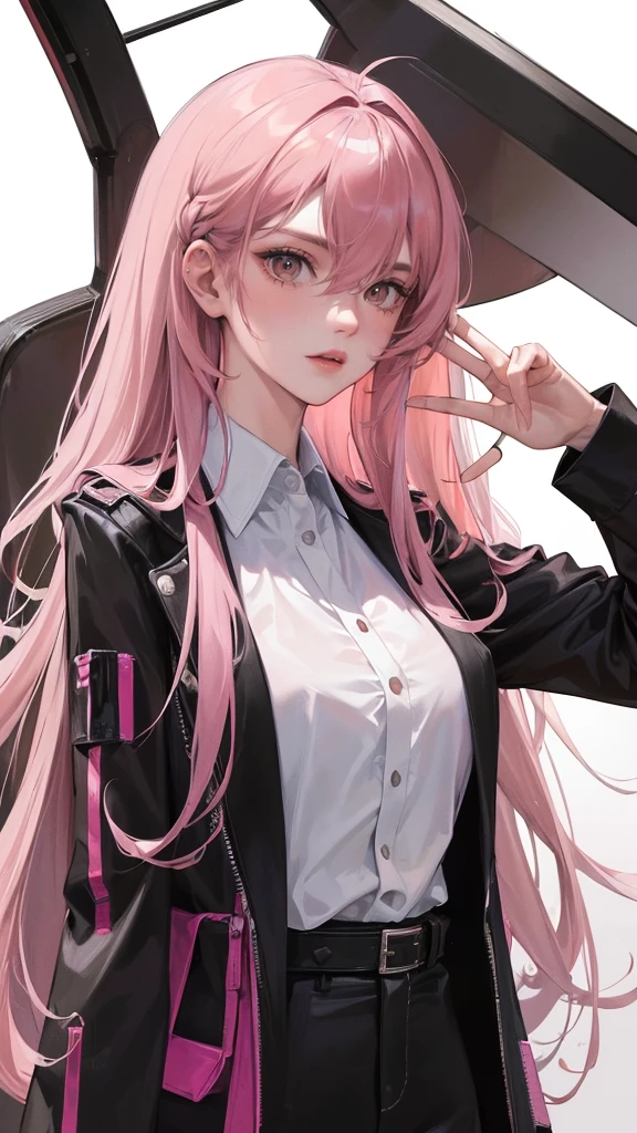 (highest resolution, distinct_image) Best quality, a female's masterpiece, highly detailed, semi realistic,(most of body),pink long hair, bangs, 18 years old, young,black fitting,Pinkish-purple flight suit,Stand collar shirt,Sharp Face,(brown Eyes, Hair Between Eyes), Fluorescent Long Coat (Broken Glass),(plain white background),cold, serious,authoritative,powerful,(Standing Painting),(exquisite facial features, exquisite facial features)