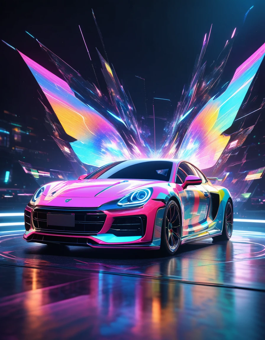 holography, draw in neon colors ((car)): car: ((floating)), transparent, Three dimensions, light, sf, digital art, Digital, scientific, dark background: electronic circuit: draw in neon colors, 3d, masterpiece, Digital space, energy, beautiful, masterpiece, 8K, light, be familiar with, lively, colorful, nice, beautiful, rich colors, beautiful Light Lines. magic effect, Sparkling, beautiful Light Grains