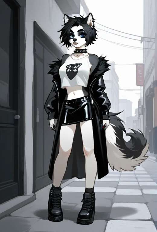 Solo, score_9,score_8_up,score_7_up, source_furry, dog, Anthro furry dog girl, adult female, black hair, goth style hair, husky markings, Siberian husky, husky, anthro husky girl, 1.3, goth makeup, silver, grey and white fur, wearing goth clothes, goth, emo, goth outfit, standing, solo, full body, blue eyes, black clothes, (short hair), (fluffy hair), big fluffy haircut,