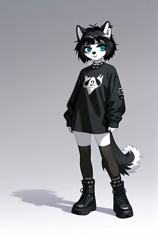 Solo, score_9,score_8_up,score_7_up, source_furry, dog, Anthro furry dog girl, adult female, black hair, goth style hair, husky markings, Siberian husky, husky, anthro husky girl, 1.3, goth makeup, silver, grey and white fur, wearing goth clothes, goth, emo, goth outfit, standing, solo, full body, blue eyes, black clothes, (short hair), (fluffy hair), big fluffy haircut,