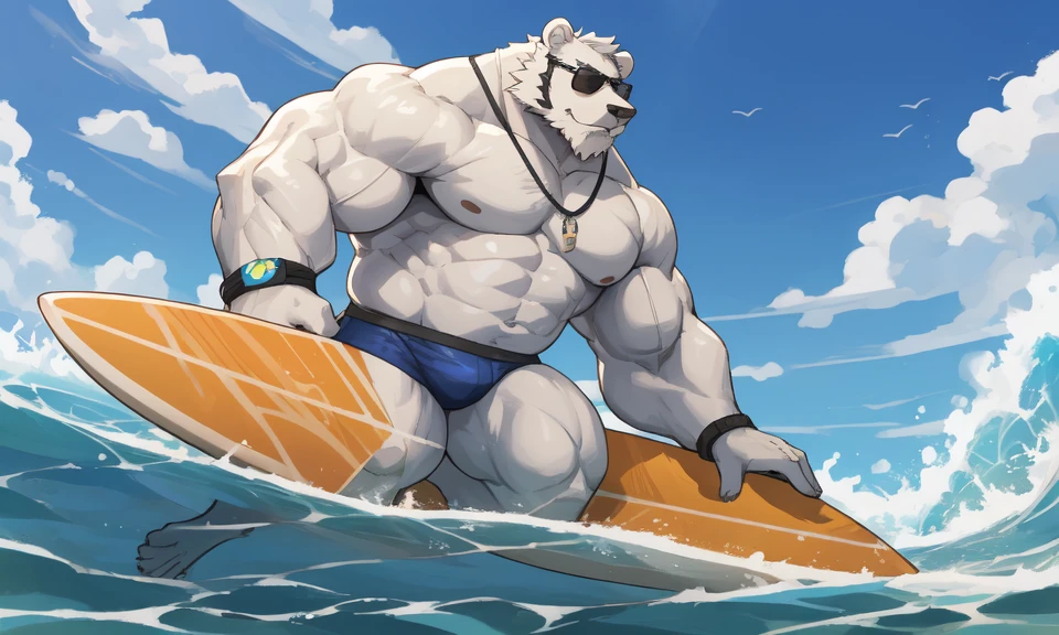solo, 1boy, Huge Muscular White Polar Bear 40-year old Dad wearing black sunglasses, huge white arctic fur, pectoral, huge pectoral, wide pectoral, short white hair, blue-colored competitive briefs short black wristbands and shirtless topless, bearded, white Mustache, white fur, tooth necklace, professional surfer, surf board, background, masterpiece, high detailed, 8k, high resolution, at the ocean, surfing the waves, riding the surfboard, gliding on the surfboard, being totally radical, surf's up dudes