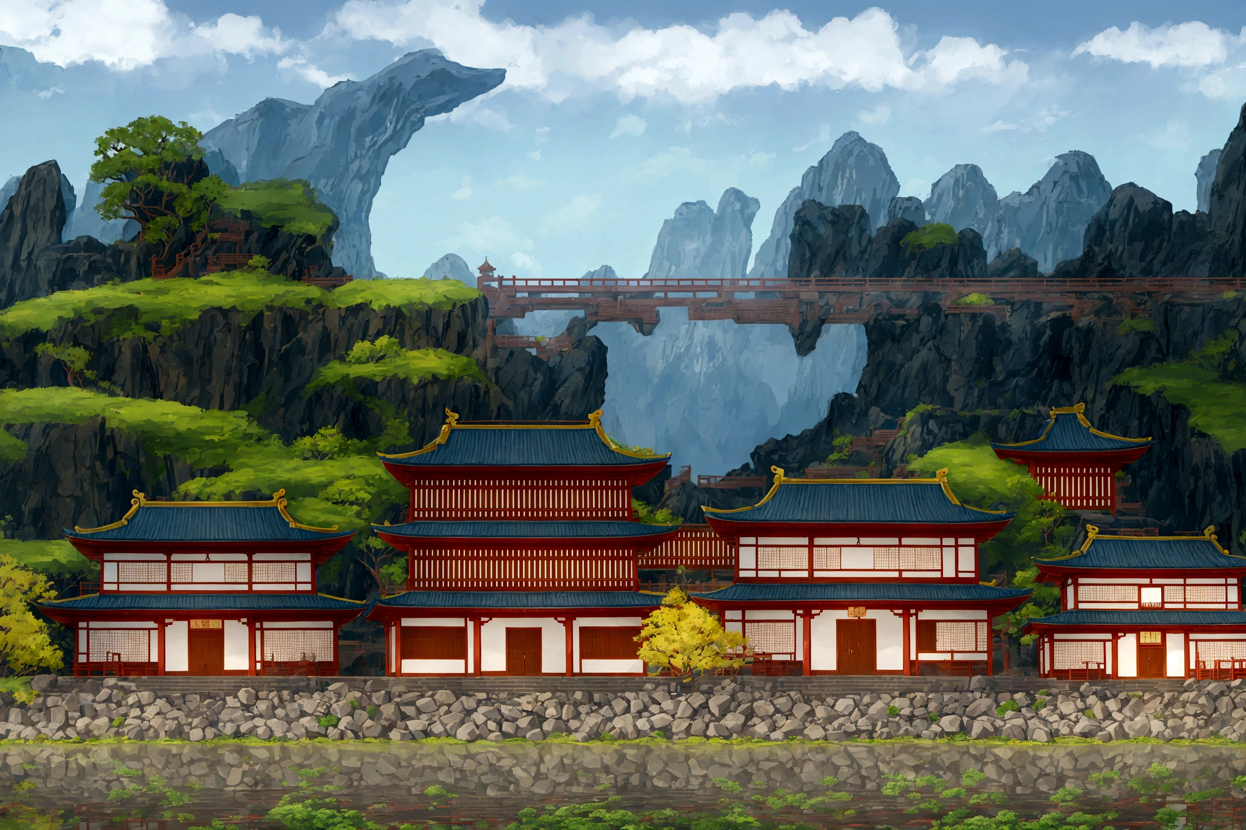 cartoon illustration of a japanese village with a bridge and a river, temple background, zen temple background, dojo on a mountain, town background, mobile game background, 2d game background, ancient city landscape, 2 d game art background, 2 d game environment design, town center background, chinese village, japanese town, distant village background, videogame background, japanese village