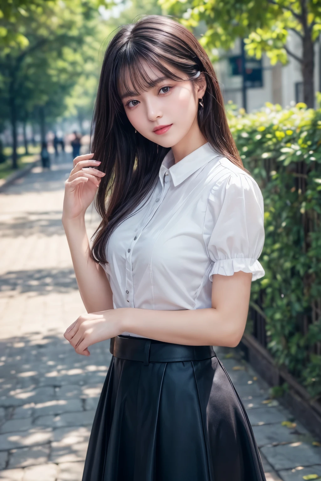 ((Best image quality、8K、masterpiece：1.3))、Realistic high-quality photos、Highest quality、Beautiful and graceful face and eyes、Black Hair、Shiny Hair、 OL、Wearing a short-sleeved blouse、Wear a long skirt、Full Body Shot.