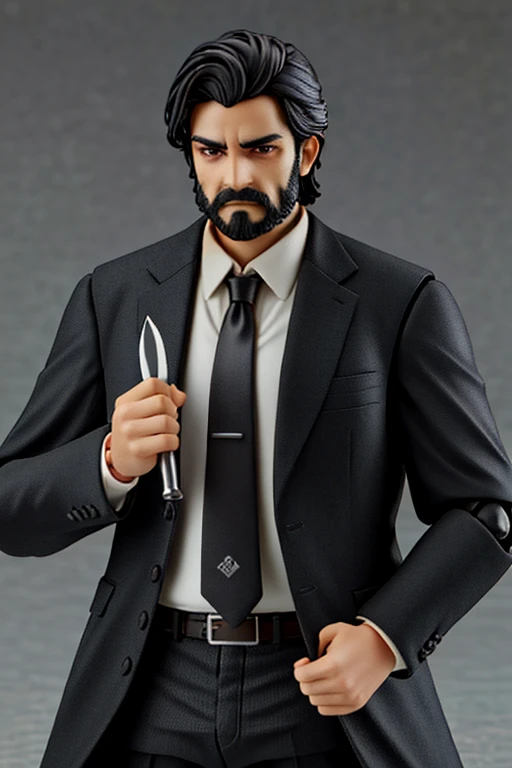 ((best quality)), ((highly detailed)), masterpiece, ((official art)), (detailed eyes, deep eyes), (1boy), DutchRDR, facial hair, black hair, shirt, beard, formal, jacket, holding, suit, knife, necktie, white shirt, black jacket, scar, looking at viewer, blood, mustache, long sleeves, collared shirt, manly, tattoo, closed mouth, (figma), [realistic], [3d], (3dcg), ((octane render))