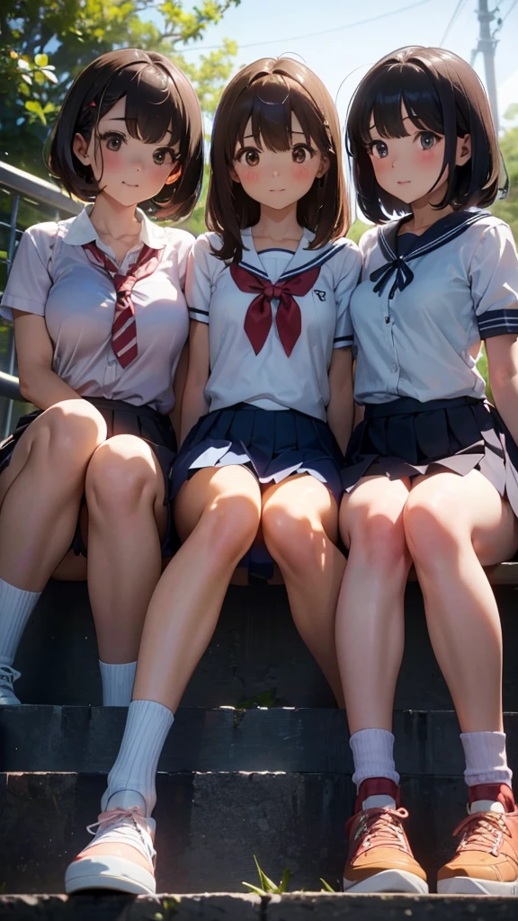 Three happy girls were sitting on the stone steps, Take a full body photo、Have fun and laugh、She was wearing a white blouse, バンズ sneakers, Red checked skirt、白いsneakers, Black Hair, detached houses, Flowers,Happy girl with round face, Big eyes, Long eyelashes, Full-body display、Detailed Private Parts、Hairless、Detailed female genitalia、Spread your legs、真From below、I see your white pants、Highest quality, 超High resolution, (Realistic: )2D official style cel animation,((Like Hayate!Three girls sitting in a row。))mini skirt,summer shirt,(Lace panties),loose socks,sneakers,Full body portrait,(From below),Station stairs,sunny,Troubled face,Spread your legs(Two Girls), (Highest quality), (Super detailed), (Detailed light), (Very delicate and beautiful), Brown Hair, Brown eyes, model, (Beautiful big boobs:1.3), Bare shoulders, (Bare Chest:1.2), (High School Uniform, Pleated skirt:1.3), (High with wide open breasts:1.4), Highest quality, Highly detailed CG synthesis 8k wallpaper, High resolutionRAWカラー写真, Professional photography, (((Bokeh))), Depth of written boundary, Beach, Ocean, Twilight, sunset, White panties、Brown Loafers、smile、Bright classroom、(((alone))),(((1 girl))), Slim and beautiful thighs, Highly detailed skin, masterpiece, Highest quality, 非常にDetailed face, Vibrant colors, Depth of written boundary, Cinema Lighting,, One girl, alone, Brown eyes, Brown Hair, hair ornaments,short hair,Red Check Skirt,blush, White shirt, masterpiece Highest quality High resolution、Sit with your knees bent、Beautiful feet 、On campus、まるでFrom below見上げるかのように、Embarrassing,Browsing Caution,White panties,Camel Toe、((Tabletop, Highest quality, High resolution, Pixel perfect, 4K, ))), 1 Girl, single, alone, Beautiful woman、I could see the whole body、 ((Short Wavy Hair, bangs, Brown Hair)), ((Brown eyes, Beautiful eyelashes, Realistic eyes)), ((Detailed face, blush:1.2)), ((Smooth texture:0.75, Realistic texture:0.65, Realistic:1.1, Anime CG Style)), Medium chest, Dynamic Angle, Perfect body, ((school uniform, White shirt, Red Skirt, Unbuttoned shirt、Red Check Skirt、White socks)), An empty classroom、Sit at a desk、I took my feet off the desk.、smile、(Lift up your skirt with your right hand、Spread your legs、Knees wide open、白いLace panties)、、(Cute Bra)、From belowの角度
