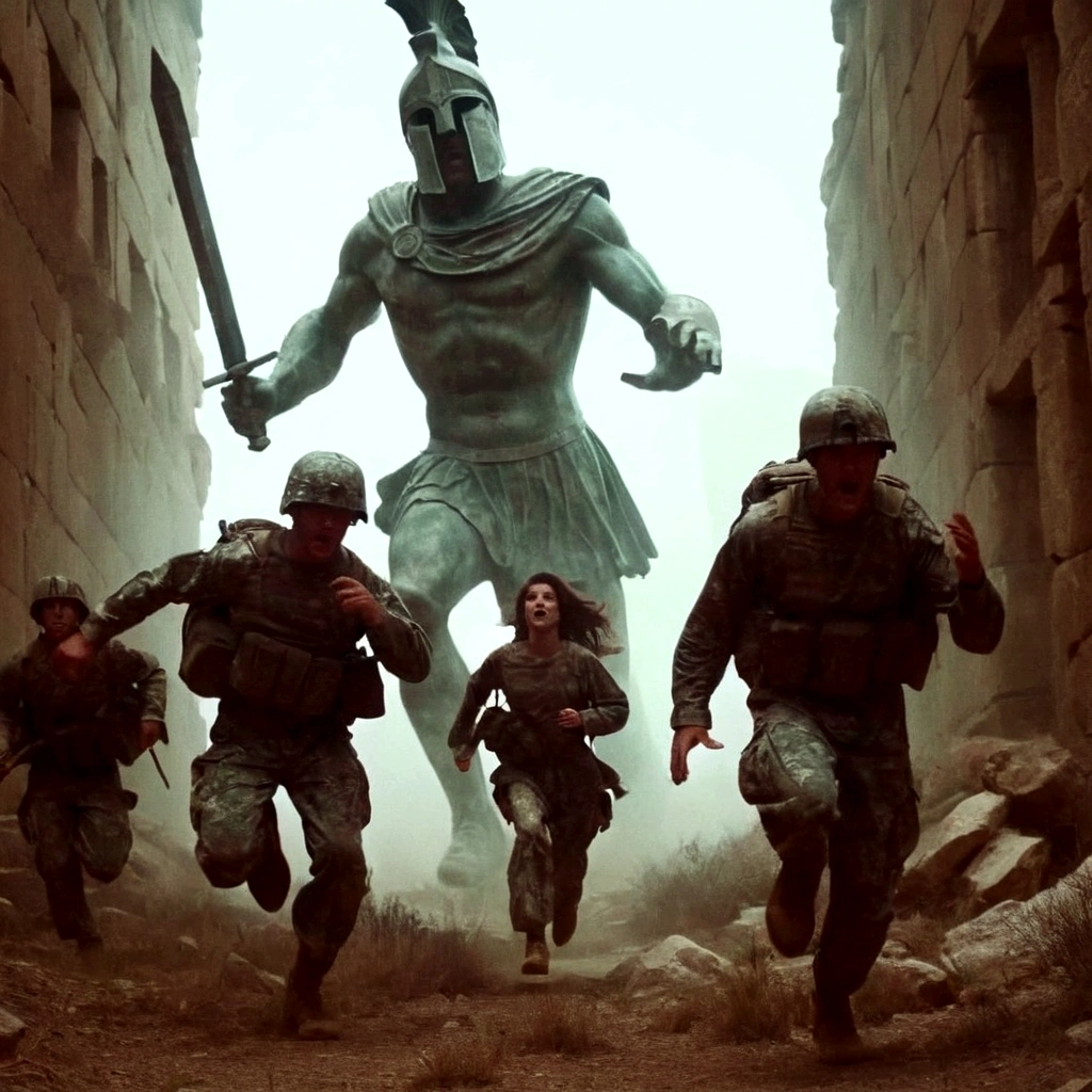 grainy old 35mm, vintage footage, frightened USA-army soldiers wearing camo running from two giant-spartan soldiers among ancient ruins