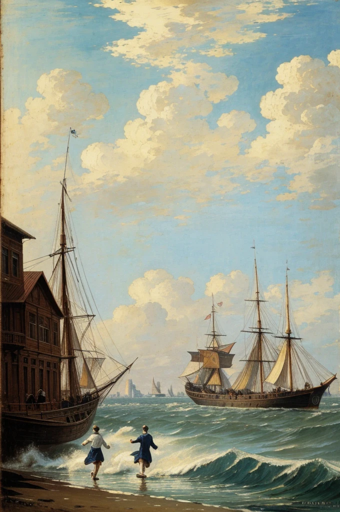 Levitan leaving the sea and arriving at the city , people running