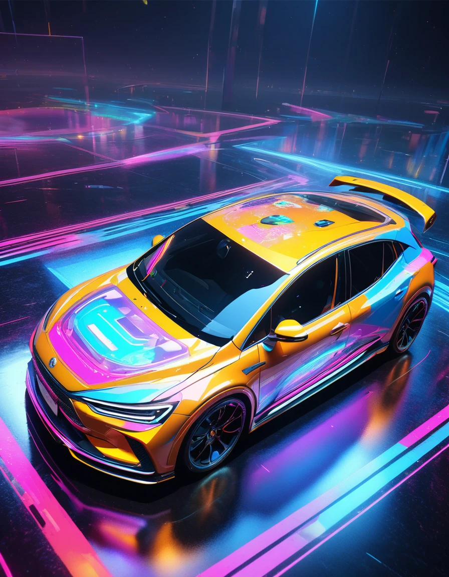 holography, draw in neon colors ((car)): car: ((floating)), transparent, Three dimensions, light, sf, digital art, Digital, scientific, dark background: electronic circuit: draw in neon colors, 3d, masterpiece, Digital space, energy, beautiful, masterpiece, 8K, light, be familiar with, lively, colorful, nice, beautiful, rich colors, beautiful Light Lines. magic effect, Sparkling, beautiful Light Grains