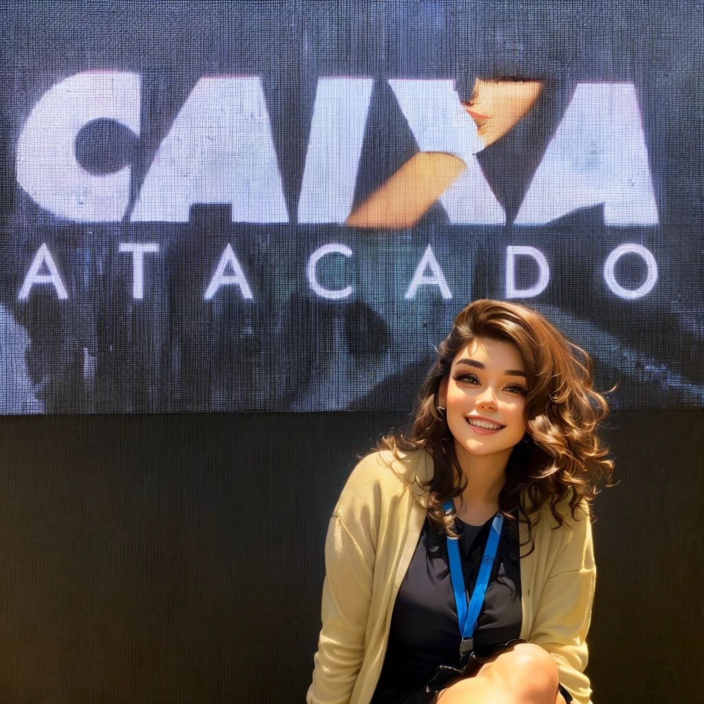 The image shows a smiling woman, posing in front of a digital billboard that displays the word "box ATACADO" in big letters. The environment appears to be that of a presentation or corporate event, possibly a stand or conference stage. She has an oval face with slightly high cheekbones., clear and even skin. Your smile is open, showing white teeth, with a friendly and happy face. Her eyes are light brown, grandes e expressivos, with remarkable eyelashes. Your eyebrows are dark brown, Well defined and arched. The nose is small and slightly upturned, and her lips are medium in size with discreet pinkish lipstick.
Her hair is light brown, voluminous and wavy, falling over the shoulders and back, with bangs thrown to the left side, creating a voluminous and natural look. She wears a black blouse with a round neckline., which has a small triangular cutout in the chest area, and a light beige cardigan made of light fabric, open at the front and with long sleeves. Her skirt is black with a discreet white pattern., possibly floral or geometric. She wears a blue badge around her neck with the word "box", attached to a blue ribbon with the same logo. No jewelry visible, maintaining a simple and professional look.
She is squatting or semi-sitting, slightly leaning forward, with hands resting on legs. The background of the image is made up of a digital panel with the word "box ATACADO" in large, visible letters, in addition to a technological graphic design with dark tones and bright lines, suggesting a professional and technological environment.
The cartoon version must capture the essence of a Pixar character, with slightly exaggerated and cartoonish features for a playful and charming effect. Your eyes should be large and expressive, typical of the Pixar style. Hair should be voluminous and detailed, with well-defined ripples. The smile must be striking and friendly, conveying friendliness and approachability